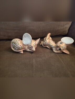 Beautiful Handpainted Folk Ceramic Mice Rat Mouse Figurines Quilted Floral Daisy
